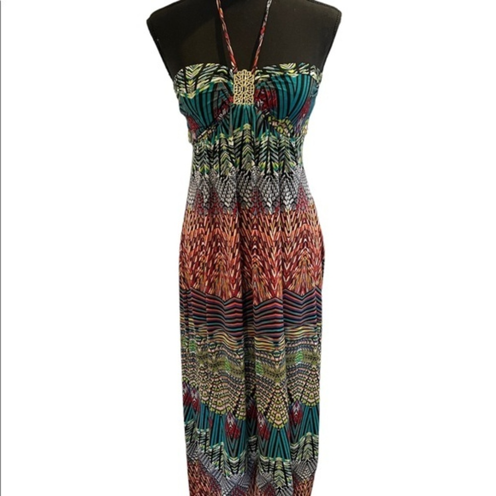 Geometric Tribal Print Halter‎ Maxi Dress Teal Orange Gold Detail Size M